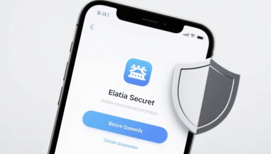 一部现代智能手机屏幕上显示杏宇应用的安全下载界面,旁边有安全盾牌图标,背景简洁